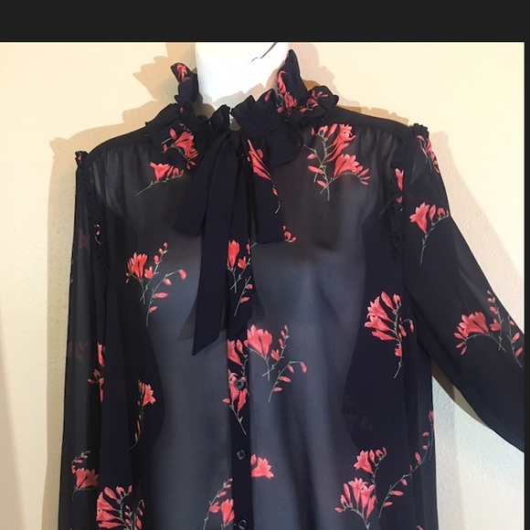 Ann Taylor Tops - NWOT Ann Taylor Navy Floral Blouse with Bow size M